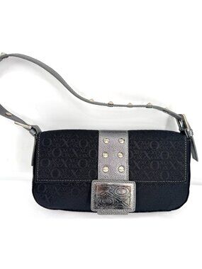 Vintage 90s Y2K XOXO Black Logo Canvas Leather Trim Shoulder Bag Studs Handbag